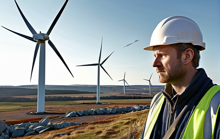 **
Prompt: A stressed engineer looking at a collapsed wind turbine with cracked blades. Focus on the broken alloy components and the overall sense of failure due to poor material selection. Show the Swedish landscape in the background.
**