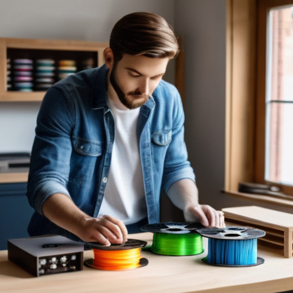 3D 프린팅 재료 - **Prompt:** "A focused, adult (e.g., 30s-40s, casually dressed in a t-shirt and jeans) in a well-lit...