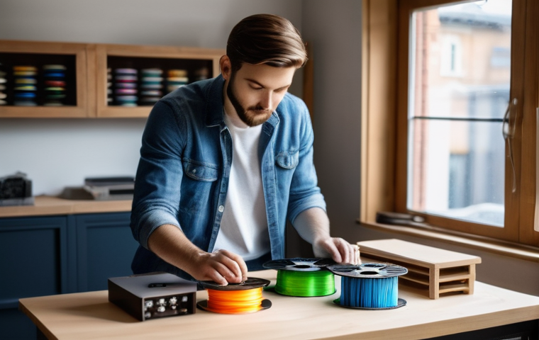 3D 프린팅 재료 - **Prompt:** "A focused, adult (e.g., 30s-40s, casually dressed in a t-shirt and jeans) in a well-lit...