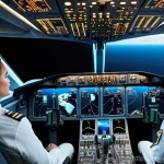 항공우주 인공지능 - A hyper-realistic image of a modern aircraft cockpit during a crucial flight. Two professional and d...