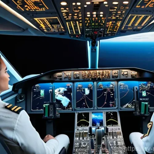 항공우주 인공지능 - A hyper-realistic image of a modern aircraft cockpit during a crucial flight. Two professional and d...