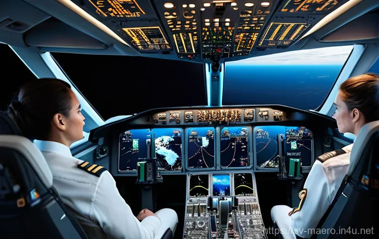항공우주 인공지능 - A hyper-realistic image of a modern aircraft cockpit during a crucial flight. Two professional and d...