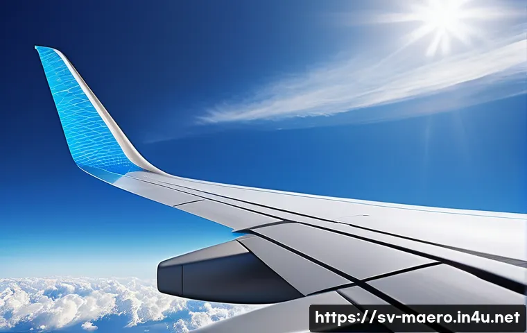 기계항공공학 최신 기술 - A futuristic airplane wing constructed from ultralight carbon fiber composites, showcasing a sleek a...