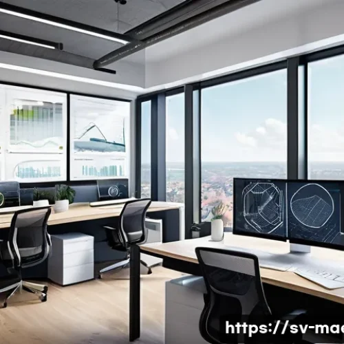 Home 33 CAD CAE 소프트웨어 - A modern digital design workspace showing a detailed 3D architectural model of a sustainable buildin...