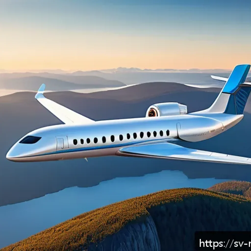 항공기 환경 영향 - A detailed illustration of a modern electric regional airplane flying over a Scandinavian landscape ...