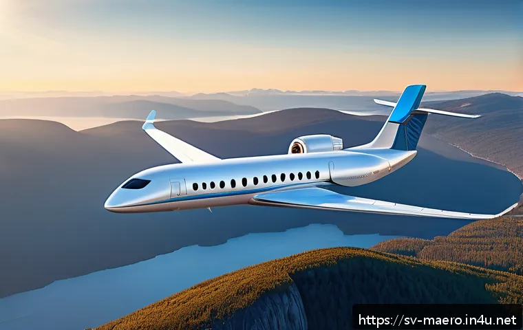 항공기 환경 영향 - A detailed illustration of a modern electric regional airplane flying over a Scandinavian landscape ...