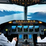Home 23 항공기 통신 시스템 - A highly detailed cockpit scene of a commercial airplane in flight over Scandinavian landscapes, sho...