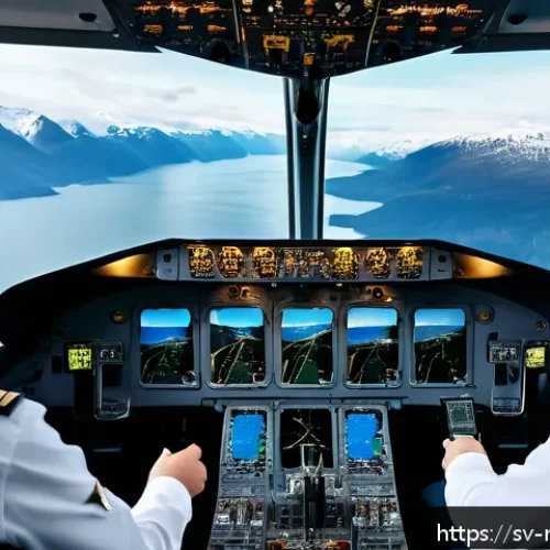 Home 17 항공기 통신 시스템 - A highly detailed cockpit scene of a commercial airplane in flight over Scandinavian landscapes, sho...
