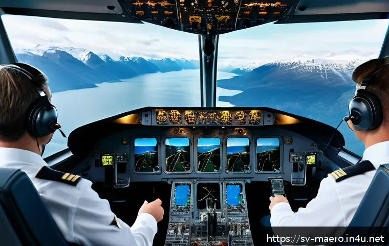 항공기 통신 시스템 - A highly detailed cockpit scene of a commercial airplane in flight over Scandinavian landscapes, sho...